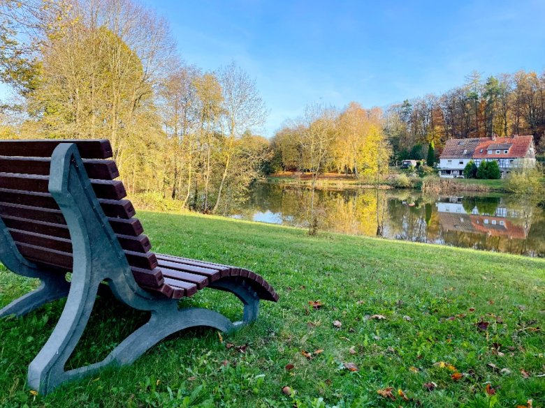 Olberöder See mit Bank am Wanderweg Ferne Horizonte